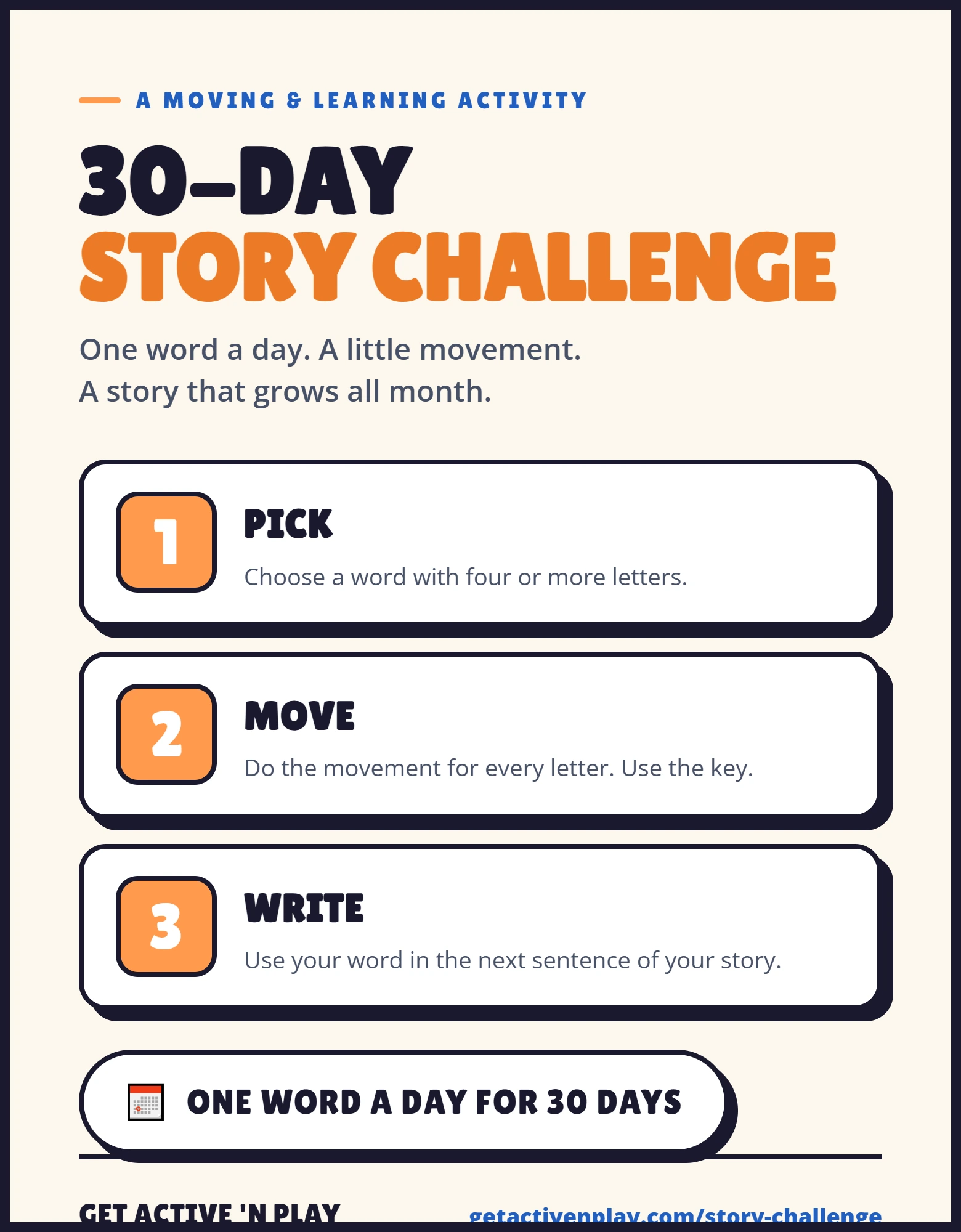 The GANP Story Challenge poster with Pick, Move and Write instructions