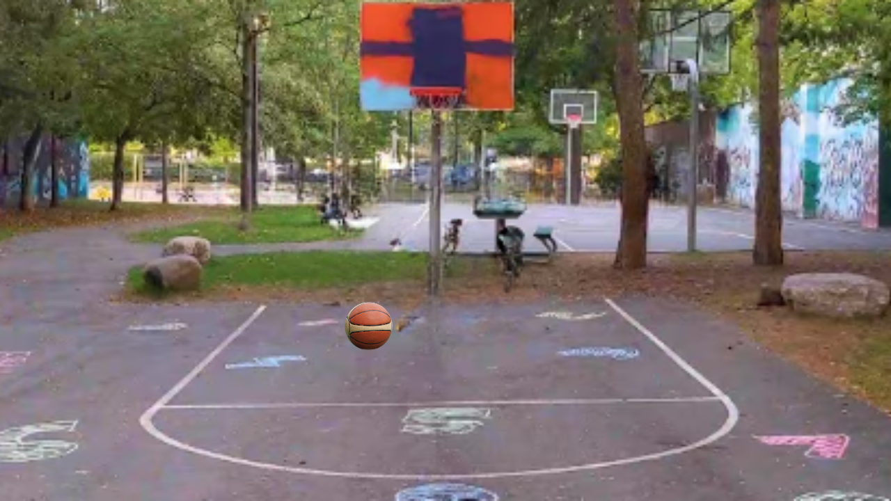 A basketball math court painted in Parkdale