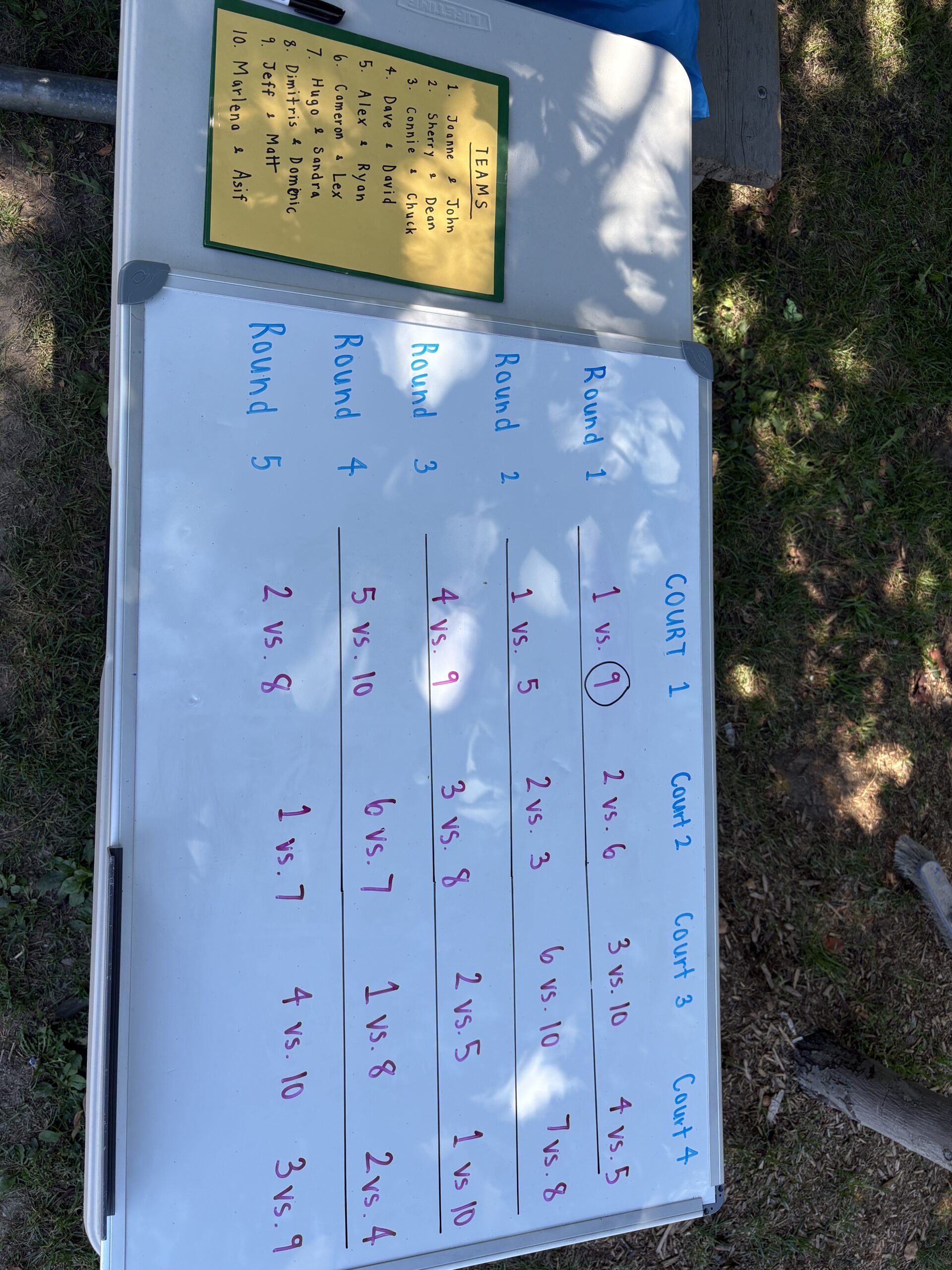 The handwritten court schedule at the 2025 GANP Pickleball Tournament